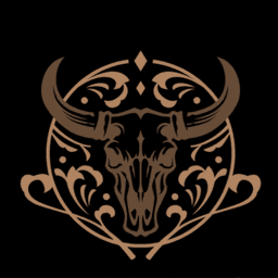 Prairie Precision Fab logo: a bull skull with scrollwork inside a circle